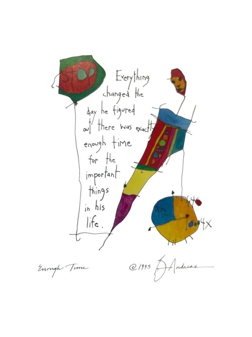 95 STORY PEOPLE BRIAN ANDREAS SIGNED WHIMSICAL FRAMED PRINT ENOUGH TIME 12"X15" - Picture 3 of 8